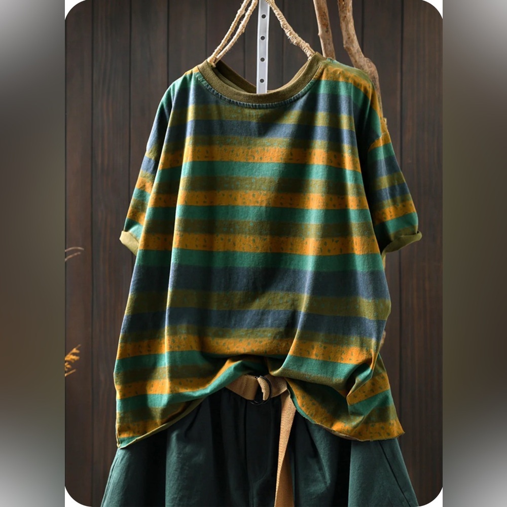 BuyKud Summer Retro Stripe Oversized O-Neck Cotton Shirt Women’s Size 4XL